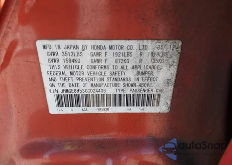 2012 Honda Fit Sport z USA, uszkodzony, nr VIN JHMGE8H53CC024406